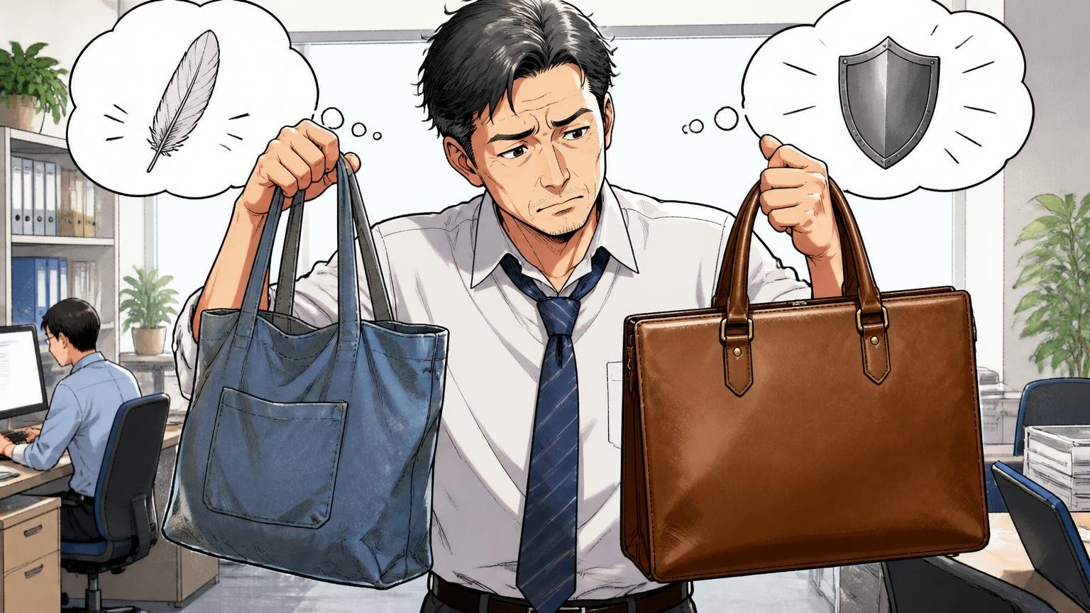 「生地が頼りない」は、軽さと引き換えのトレードオフ オフィスのデスク脇で布製バッグと革のバッグを持ち比べ、考え込む40代男性1人