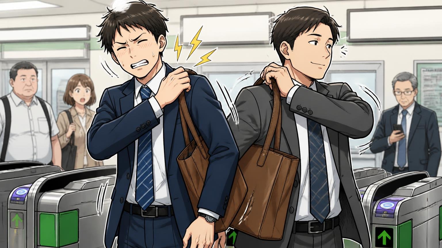 痛くなる前に、左右の肩を持ち替える 駅の改札前で革トートを右肩から左肩へ掛け替える会社員2人
