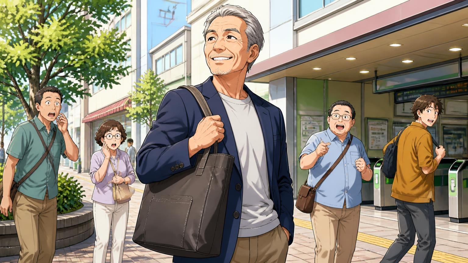 6000円台とは思えないデザインと軽さ 休日の駅前で肩にトートを掛けて歩く場面 60代男性1人が胸を張って笑顔