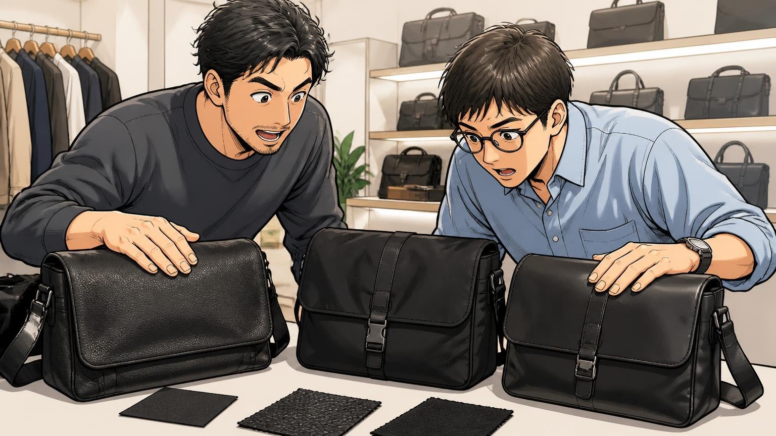 同じ「カルバンクライン」でもライン・素材・生産国はバラバラ ショールームの棚の前で素材の違う黒いバッグを3つ並べて手触りを比べる男性2人の場面