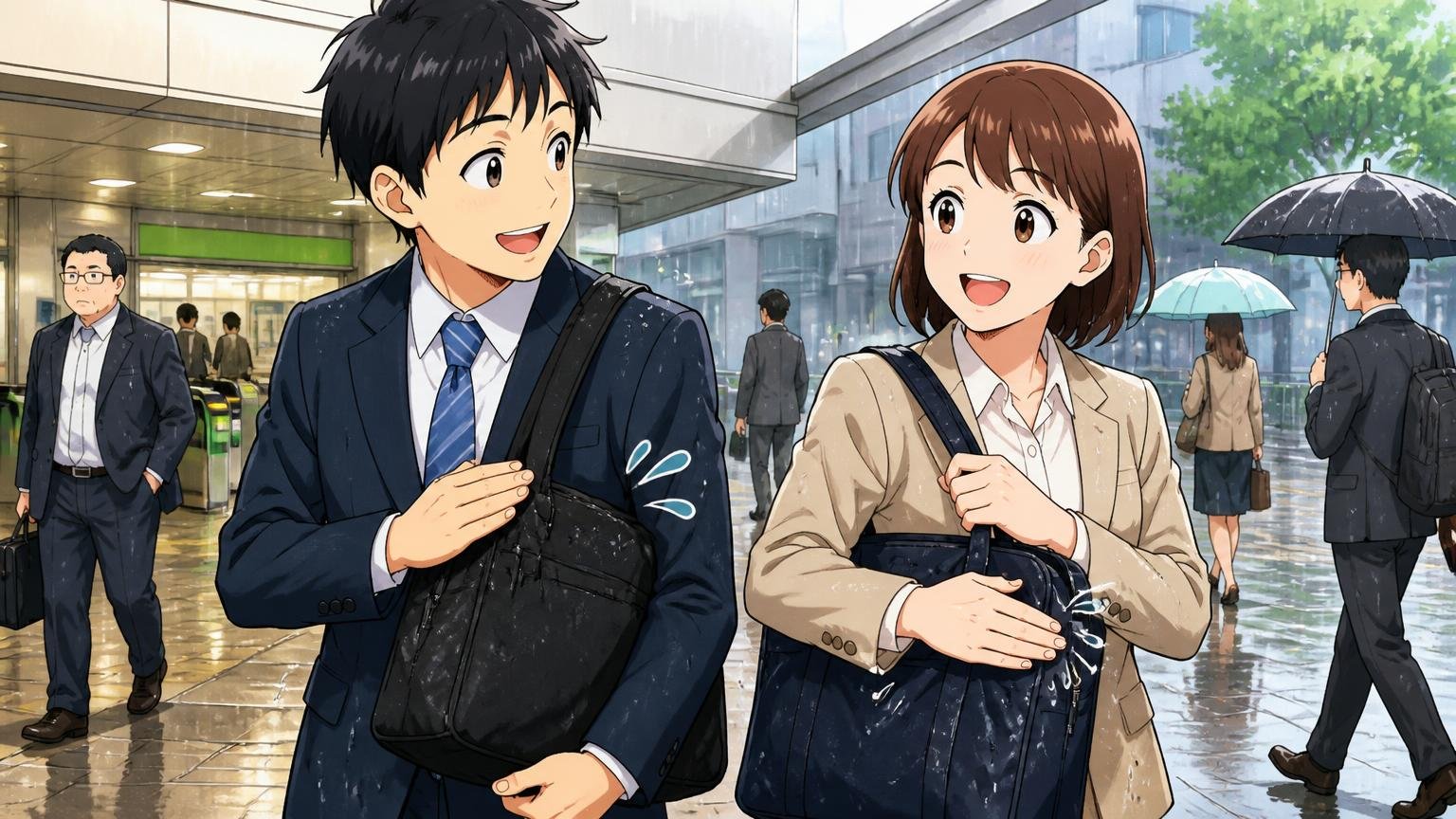 「雨でも染みない」化学繊維ならではの強さ。雨の駅前でバッグについた水滴を手で払い笑顔を見せる会社員の男女2人の場面