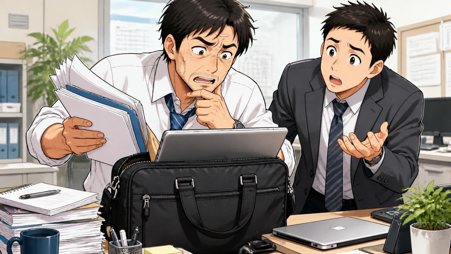 B4と13.3インチPCまで収納、オフィスのデスクで書類とノートPCをバッグに詰めて悩む40代男性と後輩