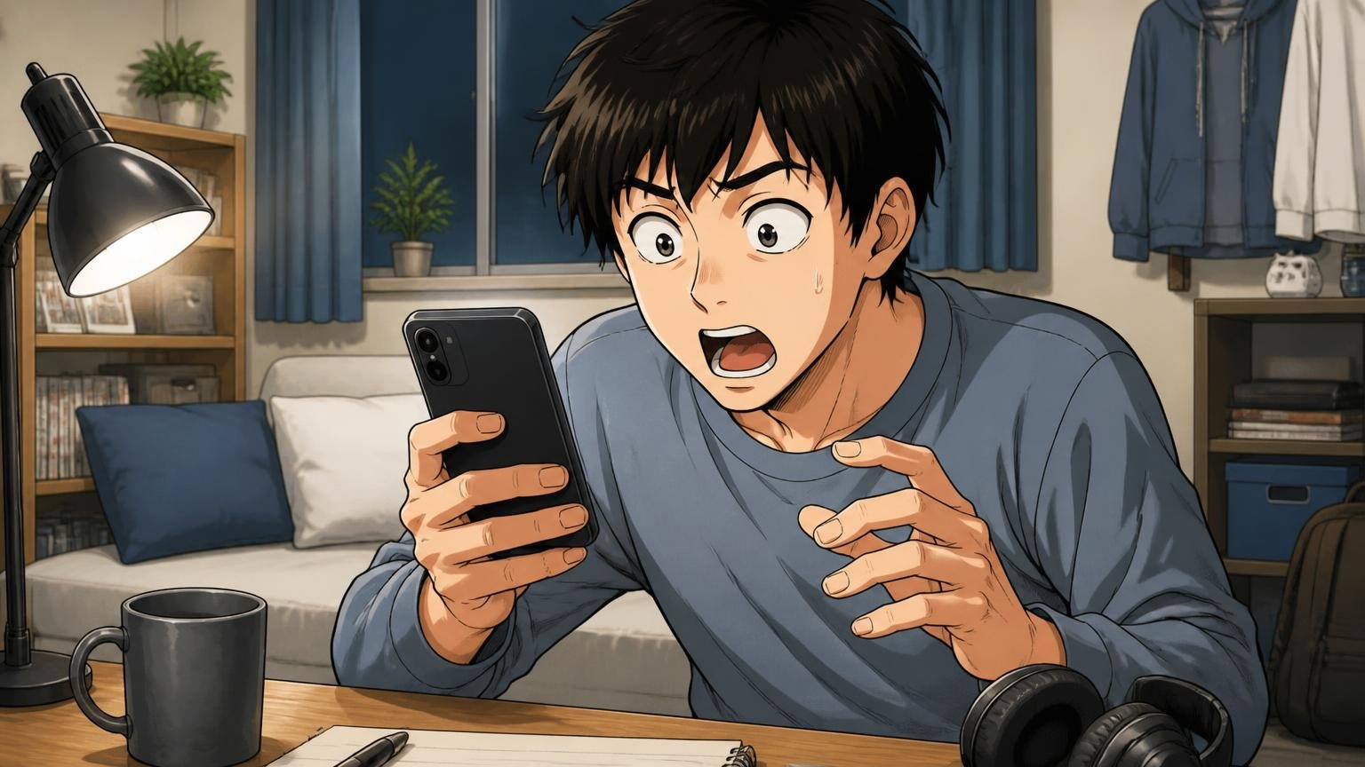 「セールなら満足、定価だと高い」通販ならではの価格の揺れ深夜の自宅でスマホの価格表示を見て目を丸くする男性1人の場面