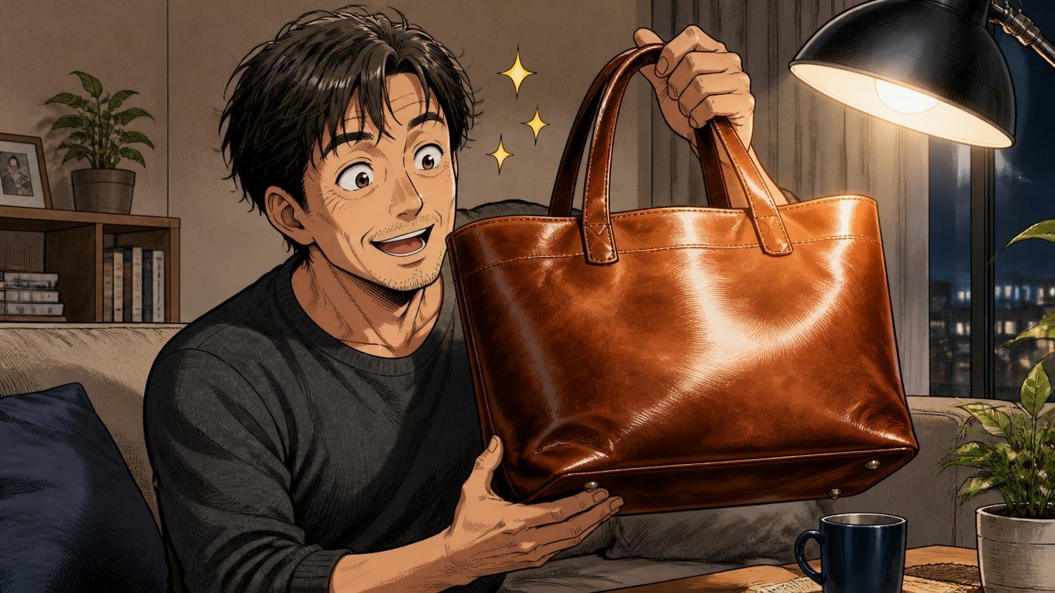 1年で光沢が出て色が深まる経年変化、夜のリビングで40代男性が照明の下で革トートの艶を見つめて目を輝かせる場面