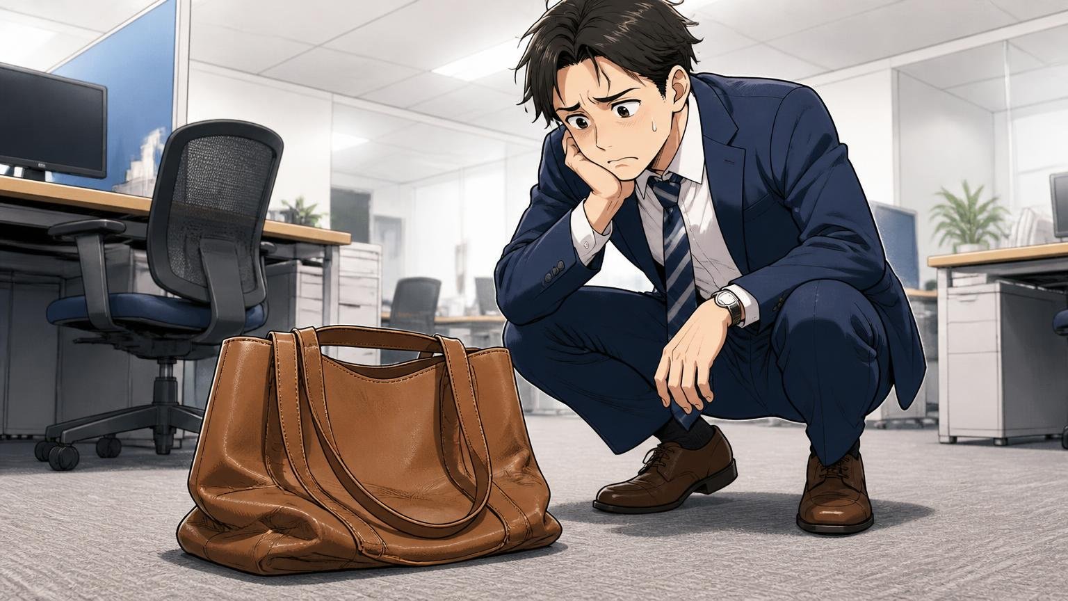 柔らかい革だからこそ、底が沈んだり自立しにくかったりする オフィスの床に置いた革のトートバッグの底のへこみをしゃがんで見つめる男性1人