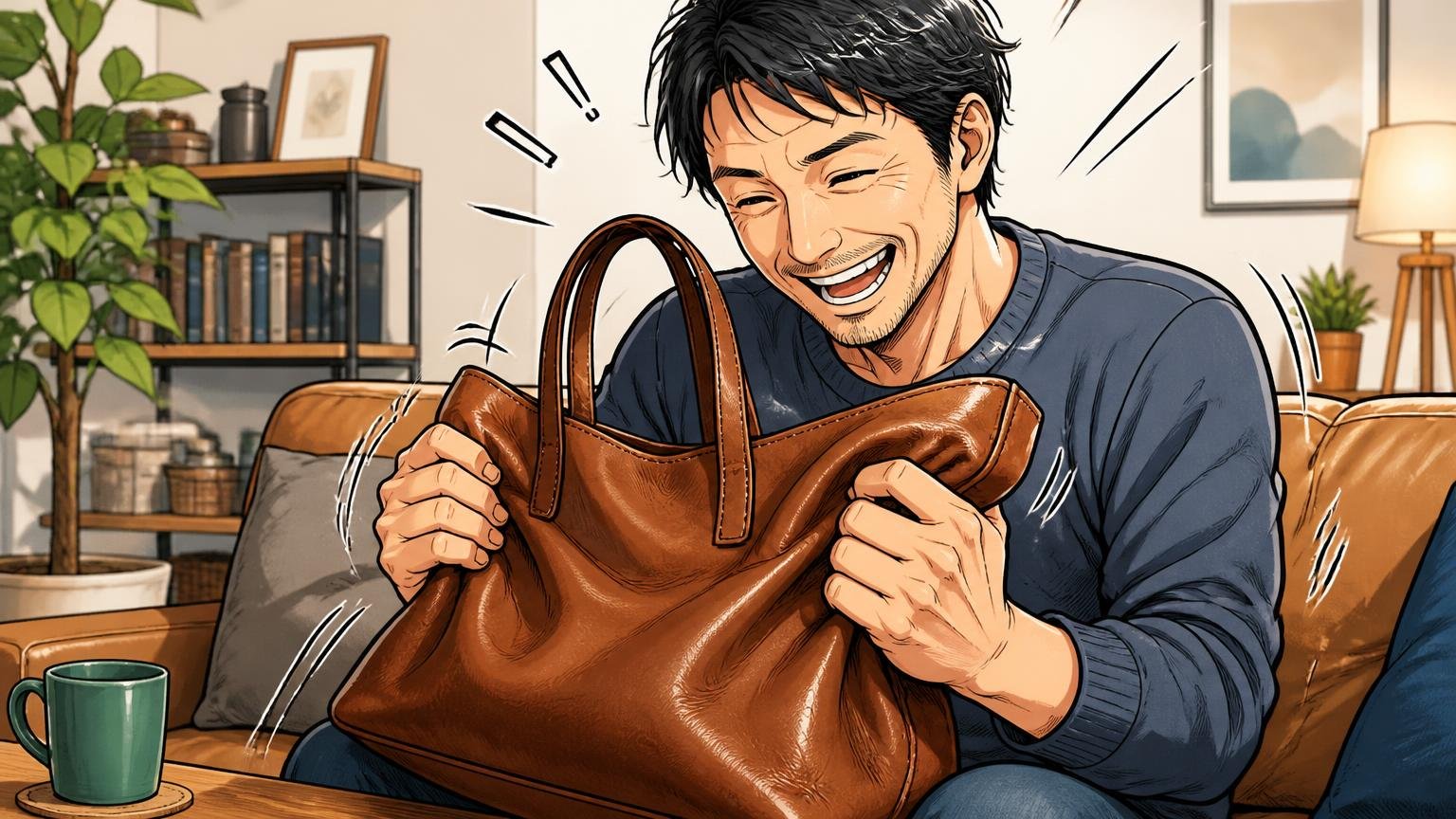 理由②植物タンニンなめしの革は「最初の硬さ」と「育つ楽しさ」がセット、自宅のソファで硬い新品の革トートを両手で揉みほぐして笑う40代男性1人