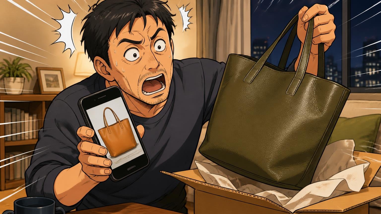 写真と色が違うは要注意　夜のリビングで届いた革のトートの色を写真と見比べて驚く40代男性の場面