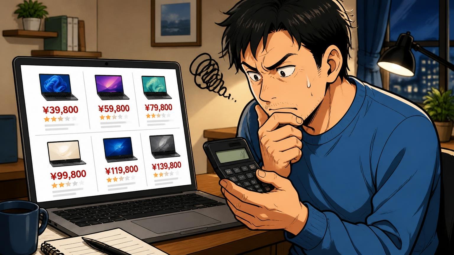 価格は3万円台〜14万円台、主力は5万〜10万円前後 夜の自宅のデスクでノートPCの商品ページを見比べる場面 40代男性1人が電卓を手に眉を寄せる
