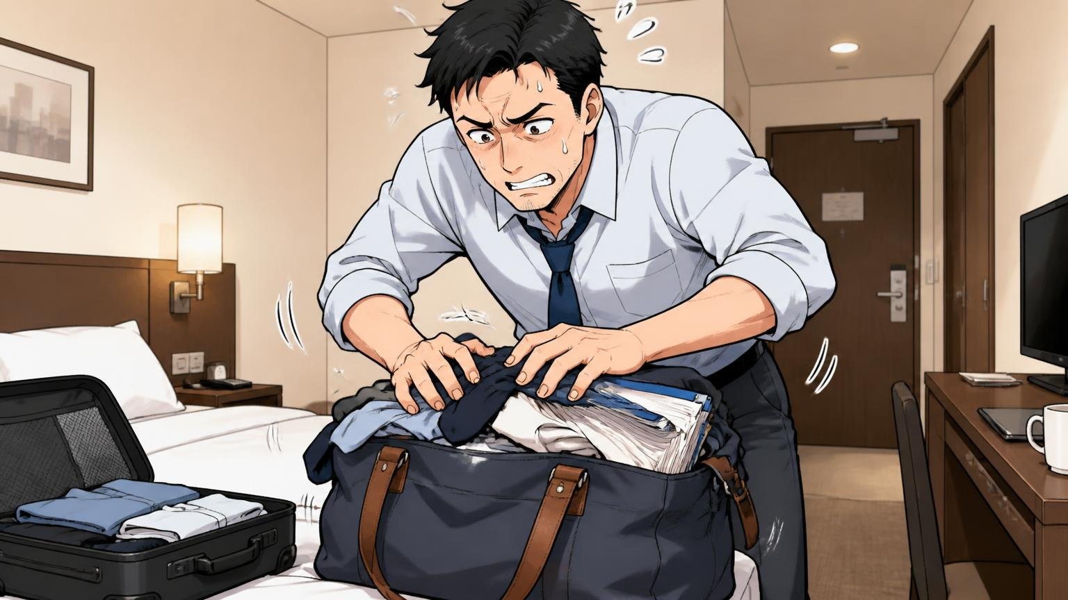 荷物を詰めるとマチと内ポケットが物足りない　ビジネスホテルの部屋で着替えと書類をトートバッグに詰める場面　40代男性1人が困り顔で押し込む