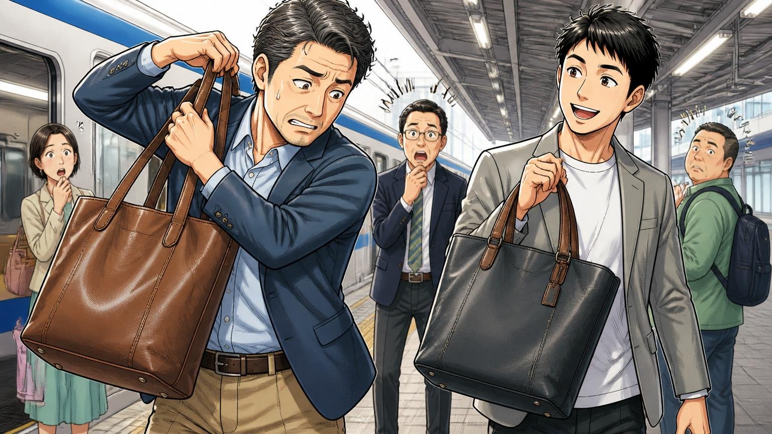 「どの型を、どう使った人か」まで確かめる、駅のホームで重そうな革トートを肩に掛け直す40代男性と軽そうに持つ男性