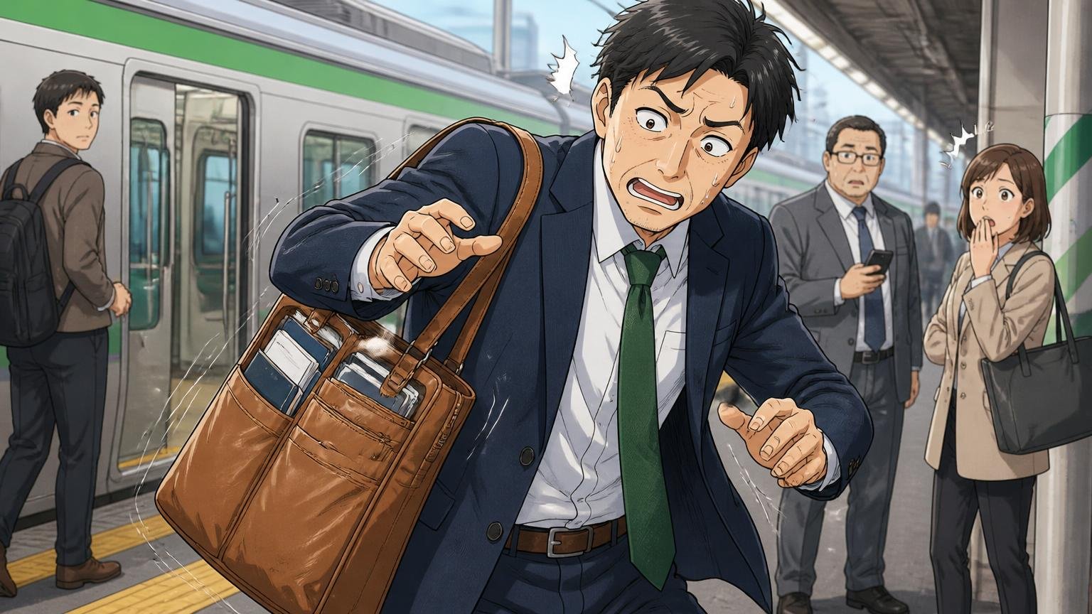 柔らかい革とポケットの多さは「型崩れ・肩の窮屈さ」と表裏一体 通勤電車のホームで肩のトートがずり落ちて慌てる40代男性1人の場面