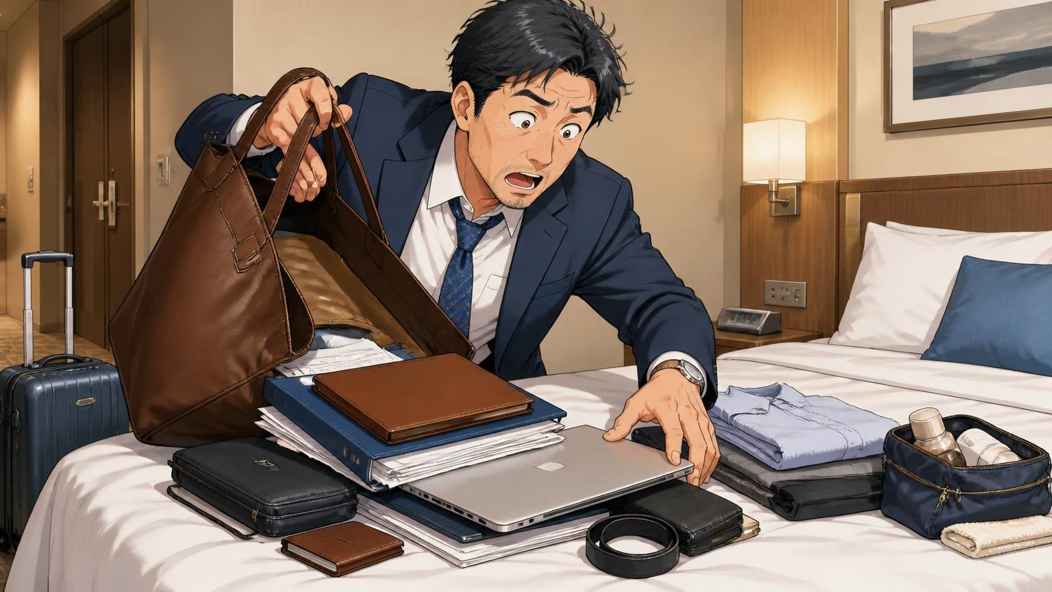 通勤から1泊出張までこなす容量/ホテルの部屋で革のトートから書類・PC・着替えを次々取り出して驚く40代男性1人
