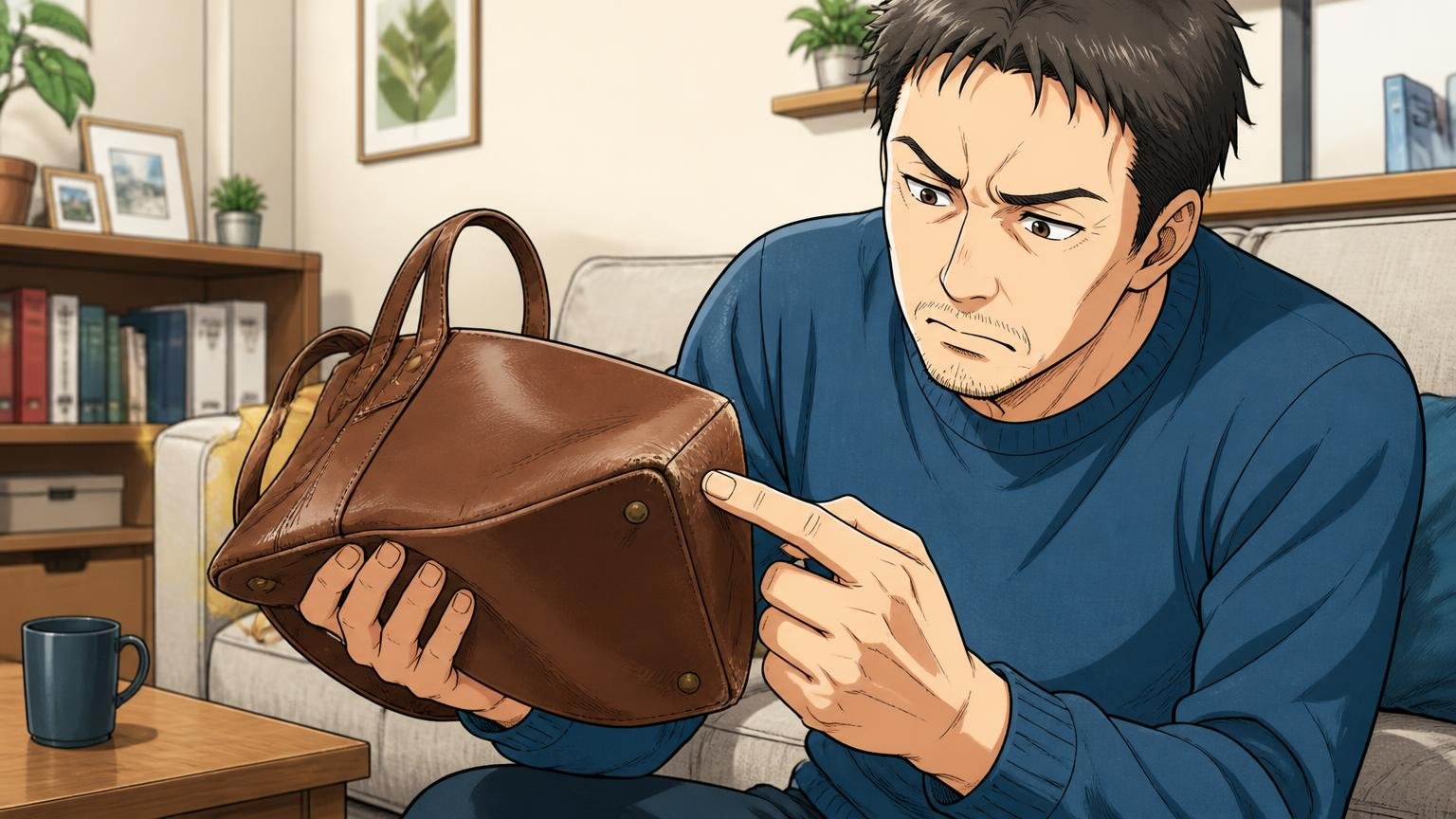 「キズ・擦れがつきやすい」は柔らかい革の裏返し　自宅のリビングで革のトートの底の角の擦れを指でなぞる40代男性1人が眉を寄せる