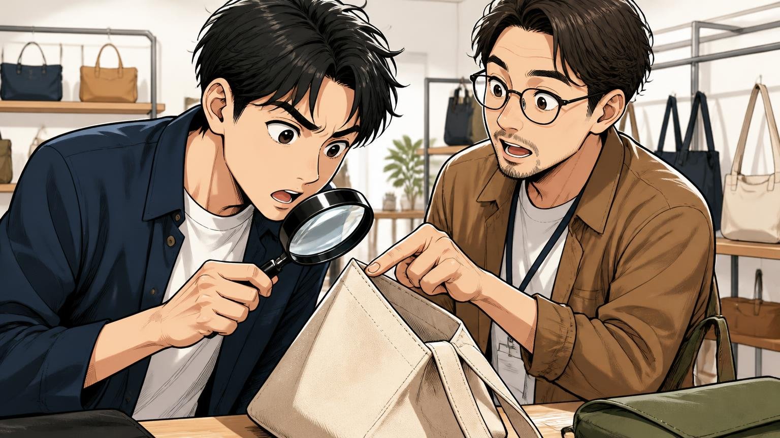 生産国だけで品質は決まらない、見るべきは素材表記と縫い目 ショールームで男性が店員とトートの角の縫い目を虫めがねで確認する場面