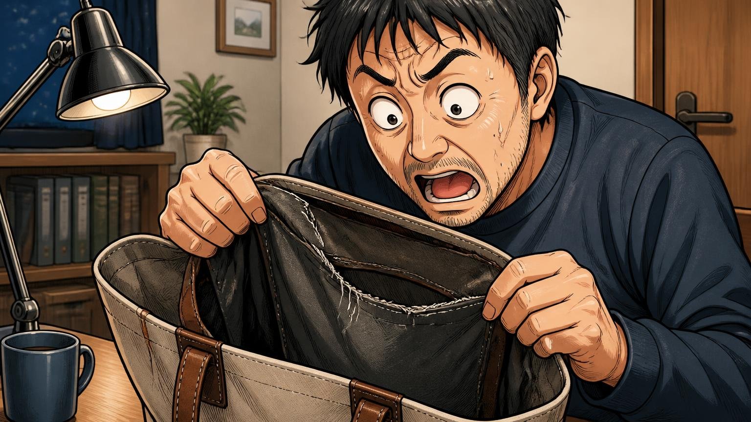 持ち手・縫製・内ポケットのほつれ 夜の自宅の机で40代男性がトートの内ポケットのほつれを見つけ目を見開く場面