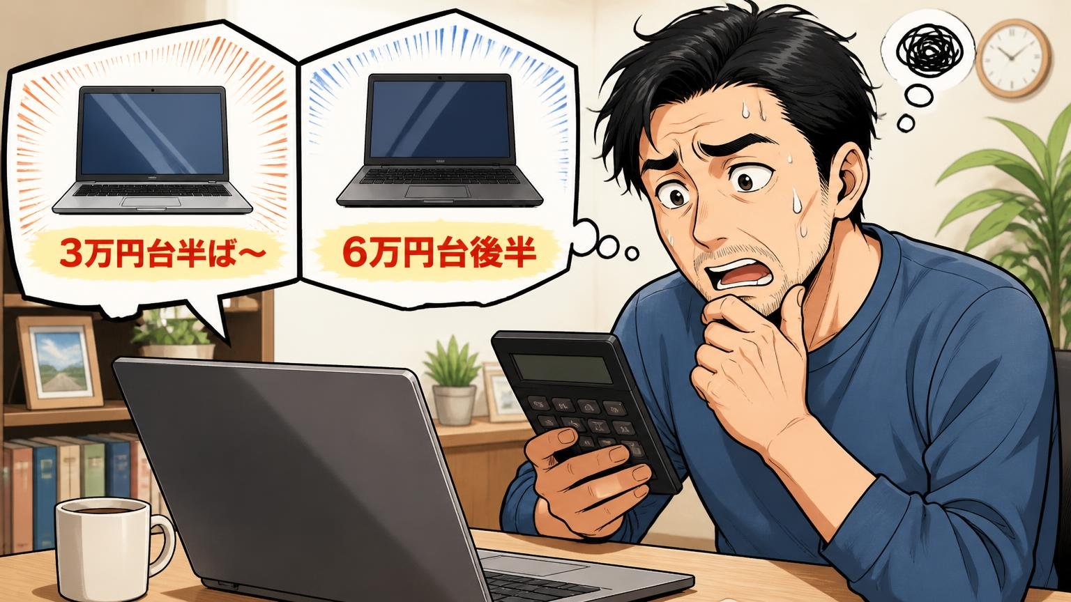 「お値段はそこそこ」3万円台半ばから6万円台後半の価格帯、自宅のパソコンの前で価格を見比べる40代男性1人が電卓を手に悩む場面