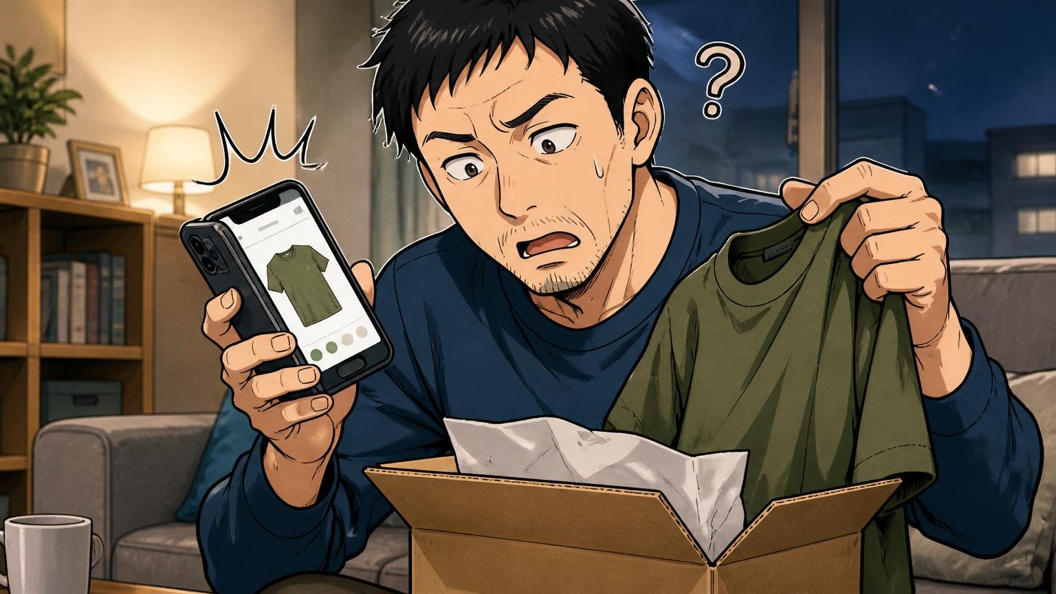 スマホで見た色と、届いた実物の色が違った 夜のリビングで届いた箱を開けてスマホ画面と見比べる40代男性1人が首をかしげる場面