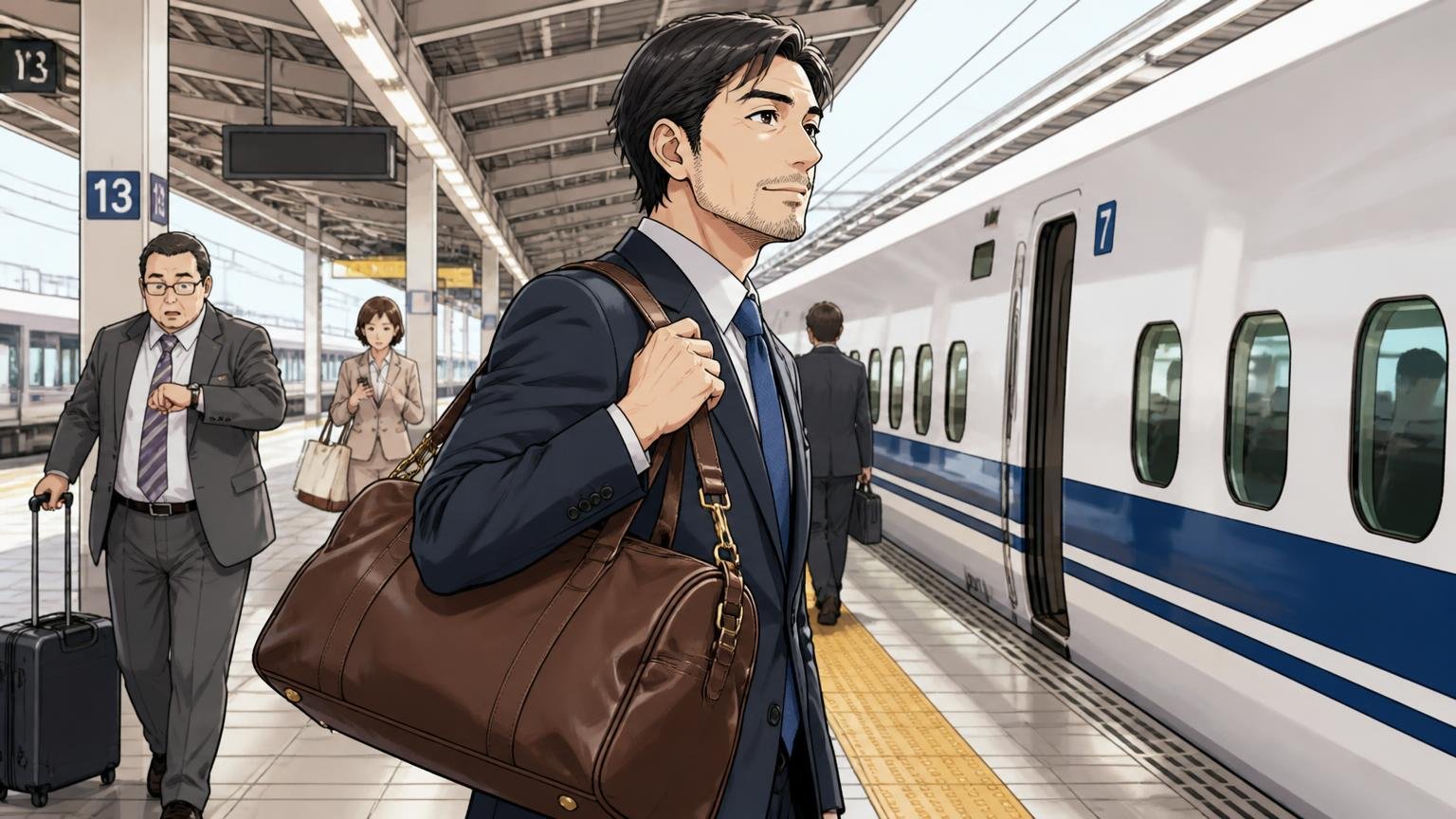 トーンオイルヌメ 2wayボストン 新幹線のホームでこげ茶の革ボストンを肩に掛け出張へ向かう40代男性1人