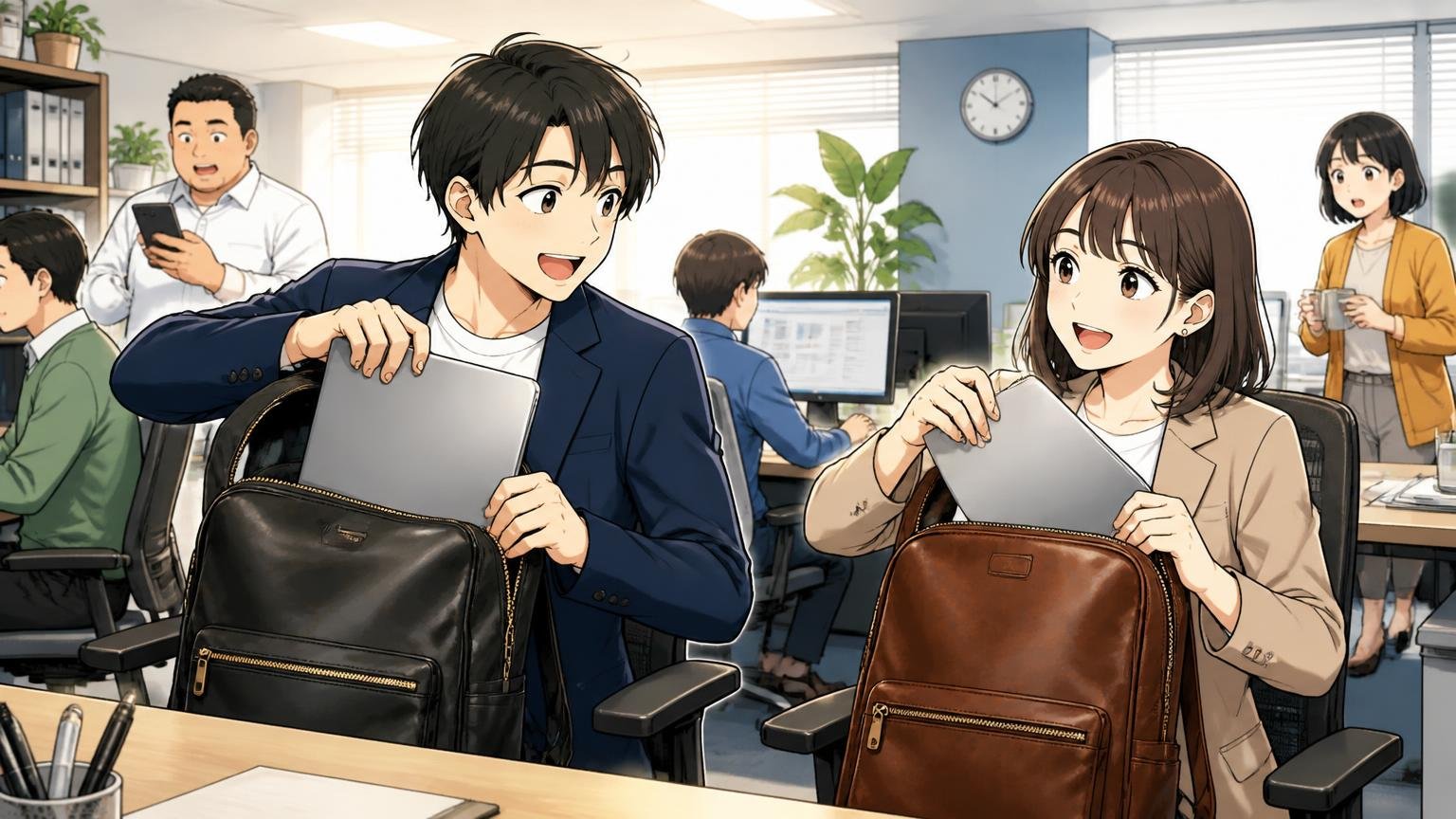定番のバランス型なら「ER-BP2」｜オンオフ兼用の1000g　オフィスのデスク脇で革リュックからPCを取り出す男女2人