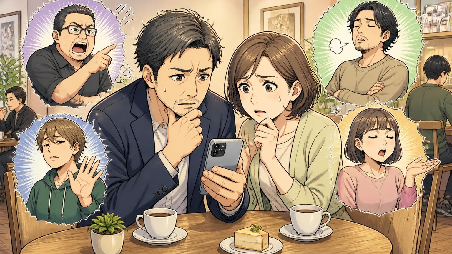 「40代には若い？」という厳しい声の正体は、品質ではなくデザインの好み 休日のカフェで夫婦2人がスマホの口コミを見て悩む場面