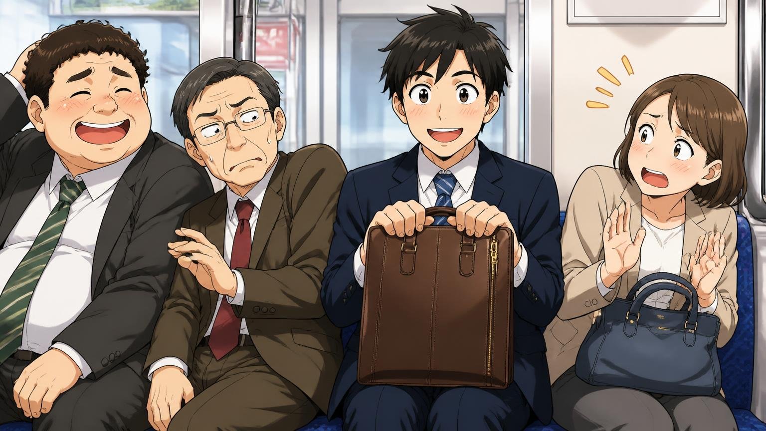 床に置くとき・電車で持つときのコツ 通勤電車の座席で革のビジネスバッグを膝に立てて持つ場面 乗客3人と男性会社員が笑顔