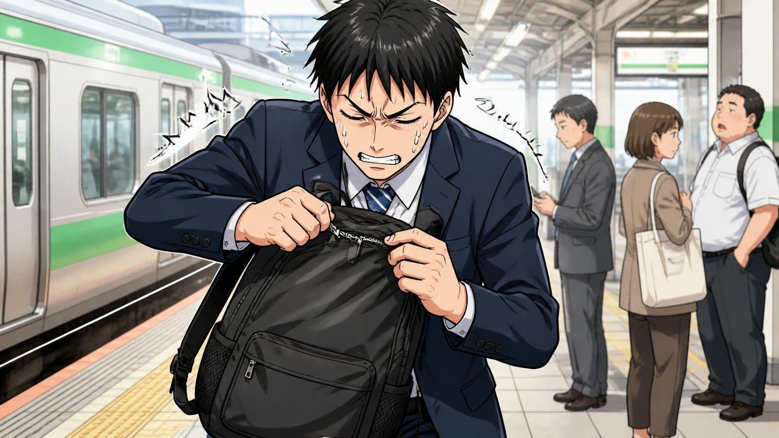 「ジッパーが開けにくい」「サイドポケットが少ない」、通勤電車のホームで男性1人がリュックを手に持ちジッパーと格闘する場面