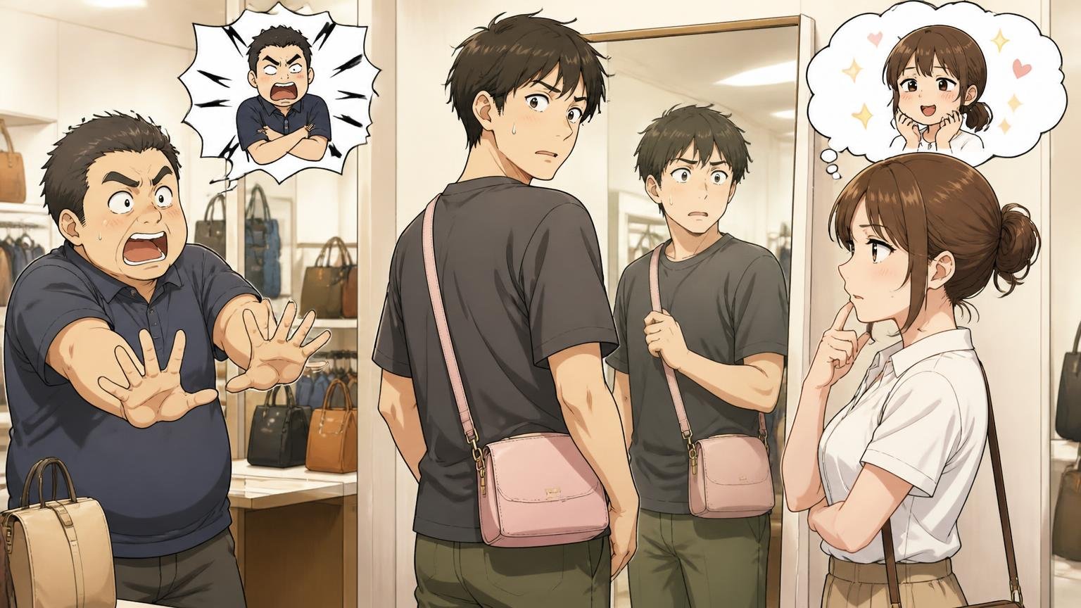 「女性物っぽい」と「全くそんなことない」見た目の評価は好みで割れる、ショップの鏡の前でショルダーを掛けて悩む夫婦の場面