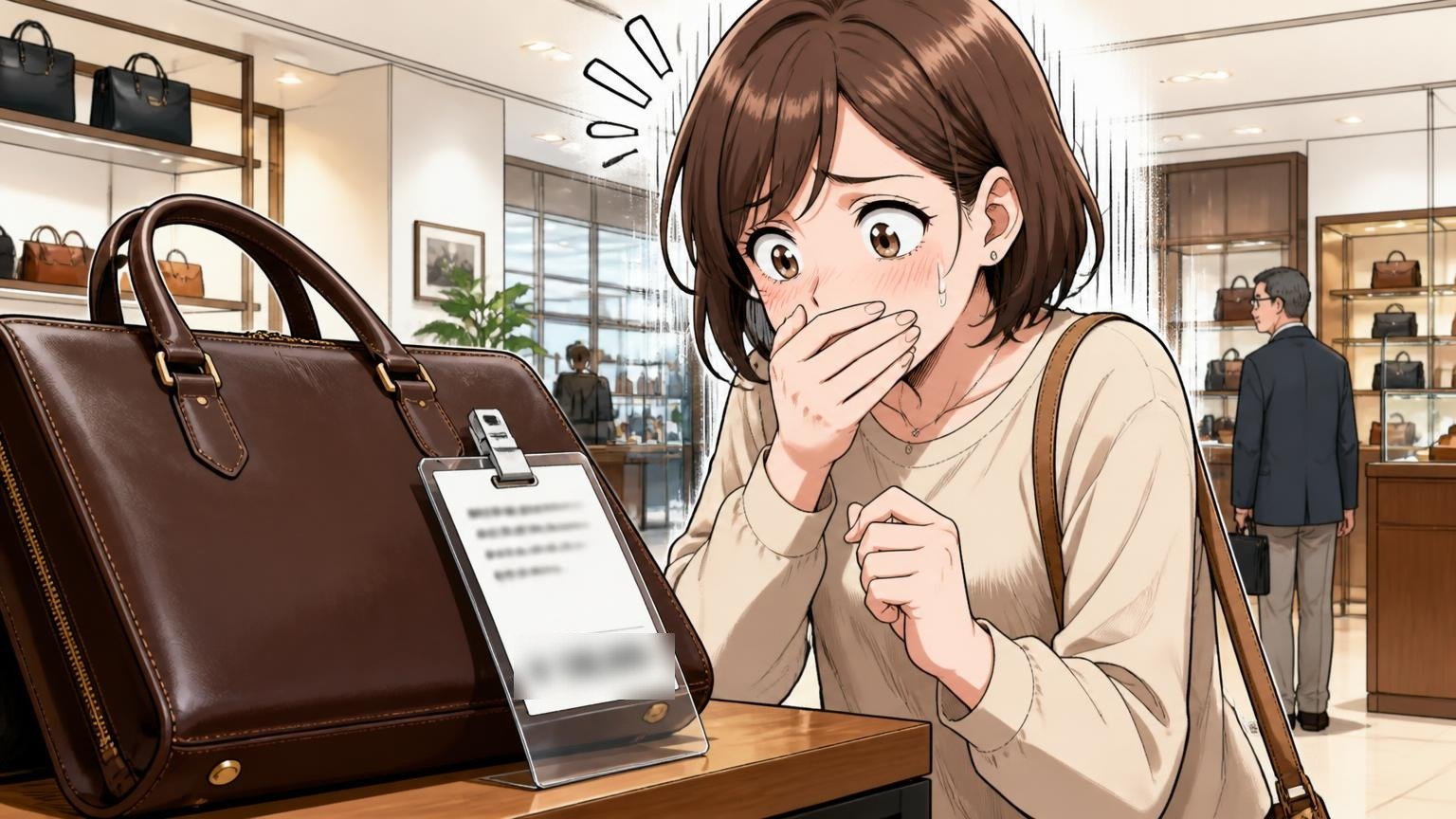 「値段を見て、一度は購入をためらった」 ショールームで女性が革ブリーフの値札をのぞき込み、思わず口元を押さえて固まる場面