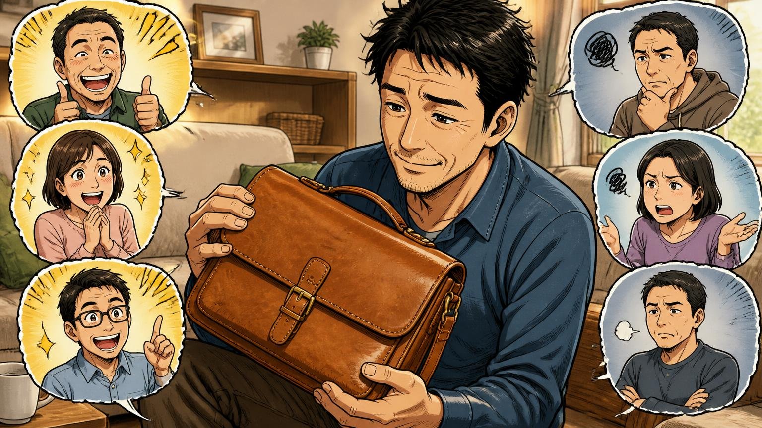 鞄いたがきの良い評判と悪い評判、自宅のリビングで13年使い込んだ飴色の革鞄を手に取り懐かしそうに眺める40代男性1人