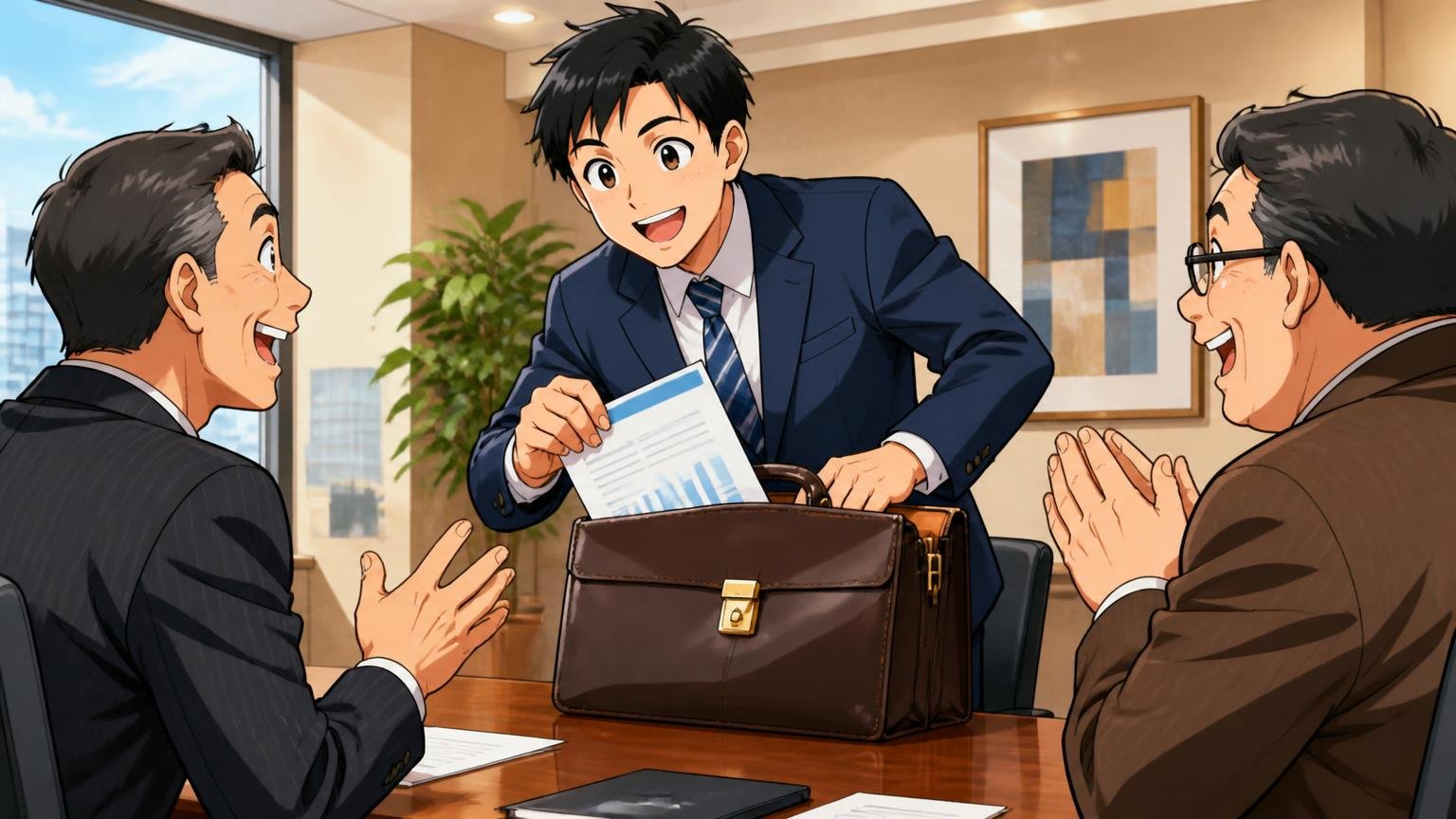 職業は「人前に出て信頼が大事な仕事」の人が多いと考えられる 商談室で営業マンが革のブリーフケースから資料を出し取引先に笑顔で迎えられる場面