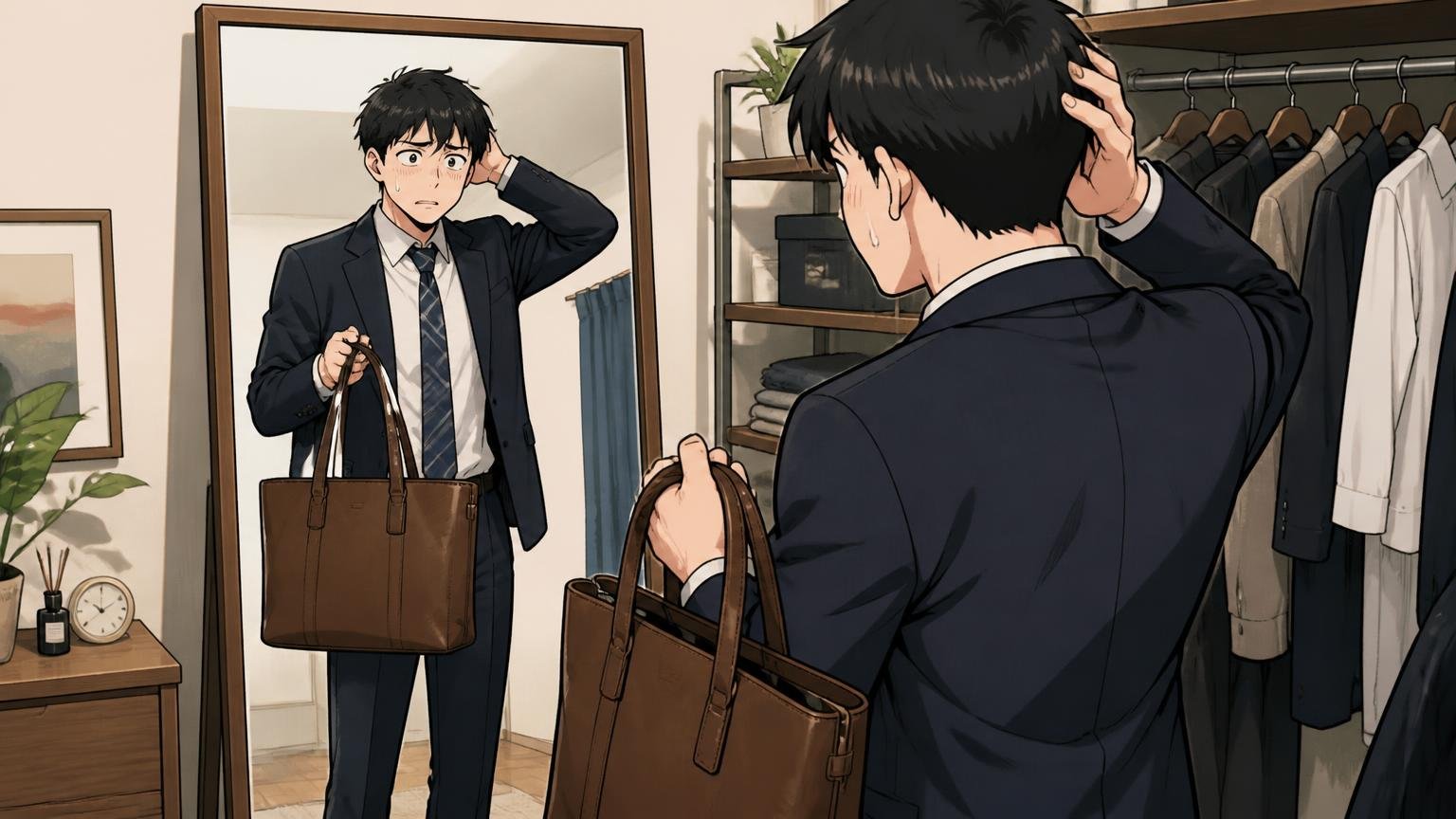 芸能人が持っている=あなたに似合う、とは限らない理由。自宅の鏡の前でスーツ姿の男性が革トートを持ち悩む場面