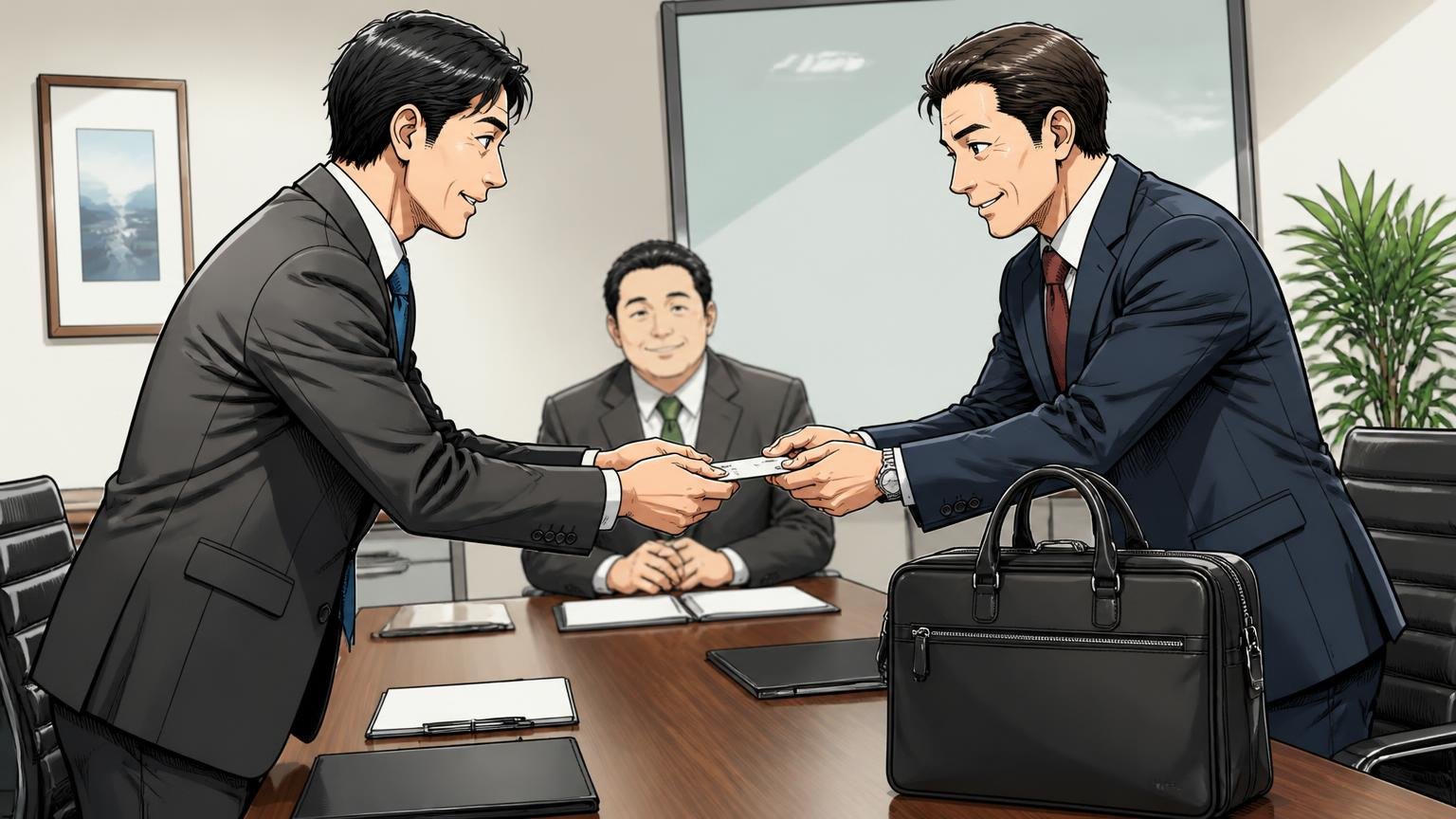 40代が持つなら|黒・ネイビー・こげ茶のブリーフかトートで端正に オフィスの会議室で黒い革のブリーフケースを机に置き名刺交換する40代男性2人の場面