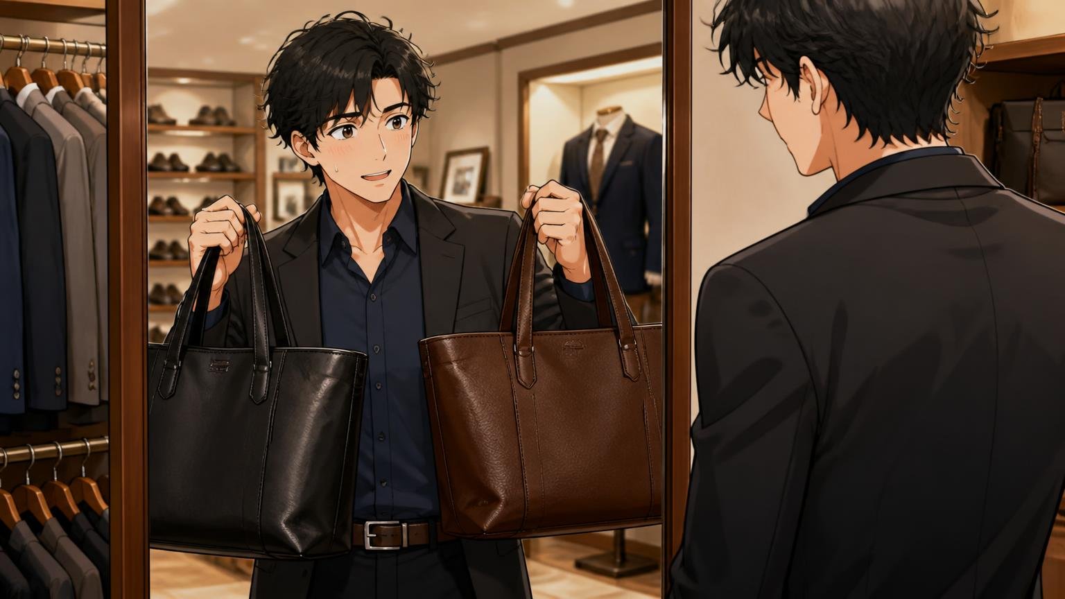 色：黒・こげ茶・ネイビー、靴とベルトに合わせる 紳士服店の鏡の前で黒とこげ茶の革トートを持ち比べる男性 1人 迷いながら笑顔