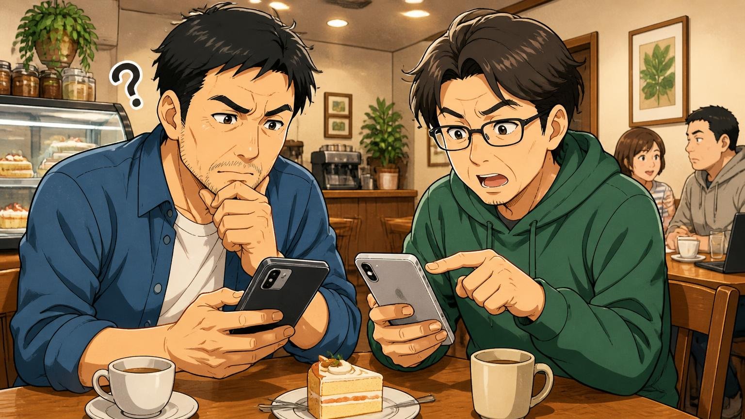 口コミの評価が割れる理由は「使い方」と「使った年数」。カフェでスマホの口コミを読み比べ、首をかしげる40代男性と友人の2人