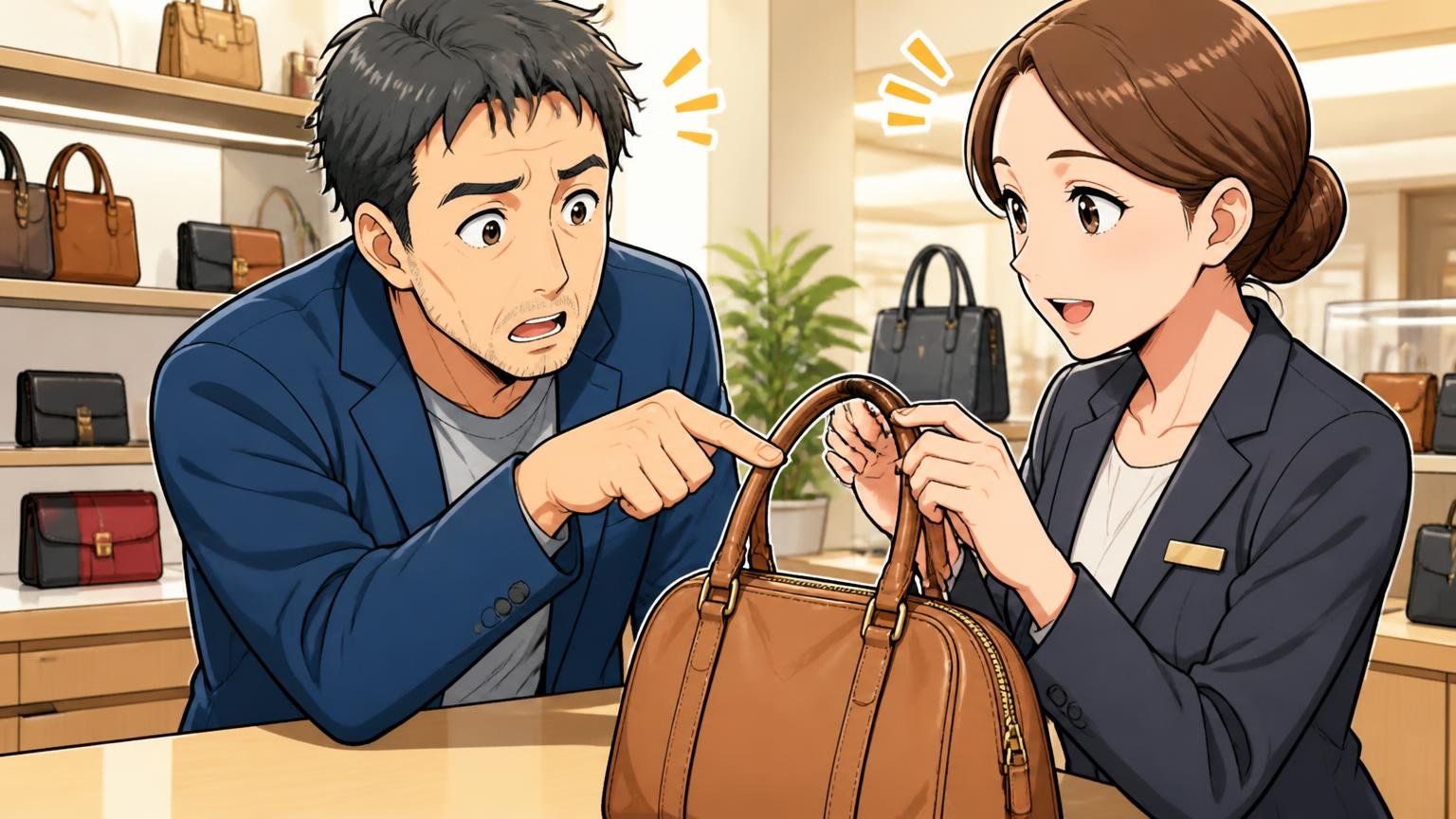 修理と保証はどこまで対応してくれる? 店舗のカウンターで修理の相談をする場面 40代男性客と女性スタッフの2人 バッグの持ち手を指して説明を聞く