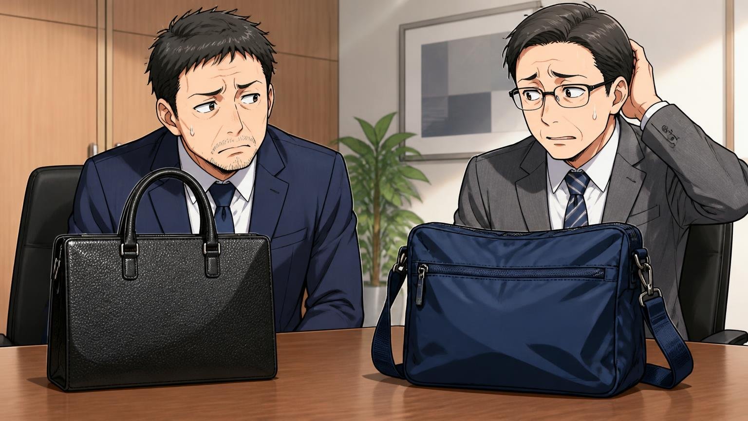 理由③ ナイロンのカジュアル感が、40代の商談・式典と噛み合わないことがある|会議室で2つのバッグが並ぶ場面、40代男性2人が気まずそうにする