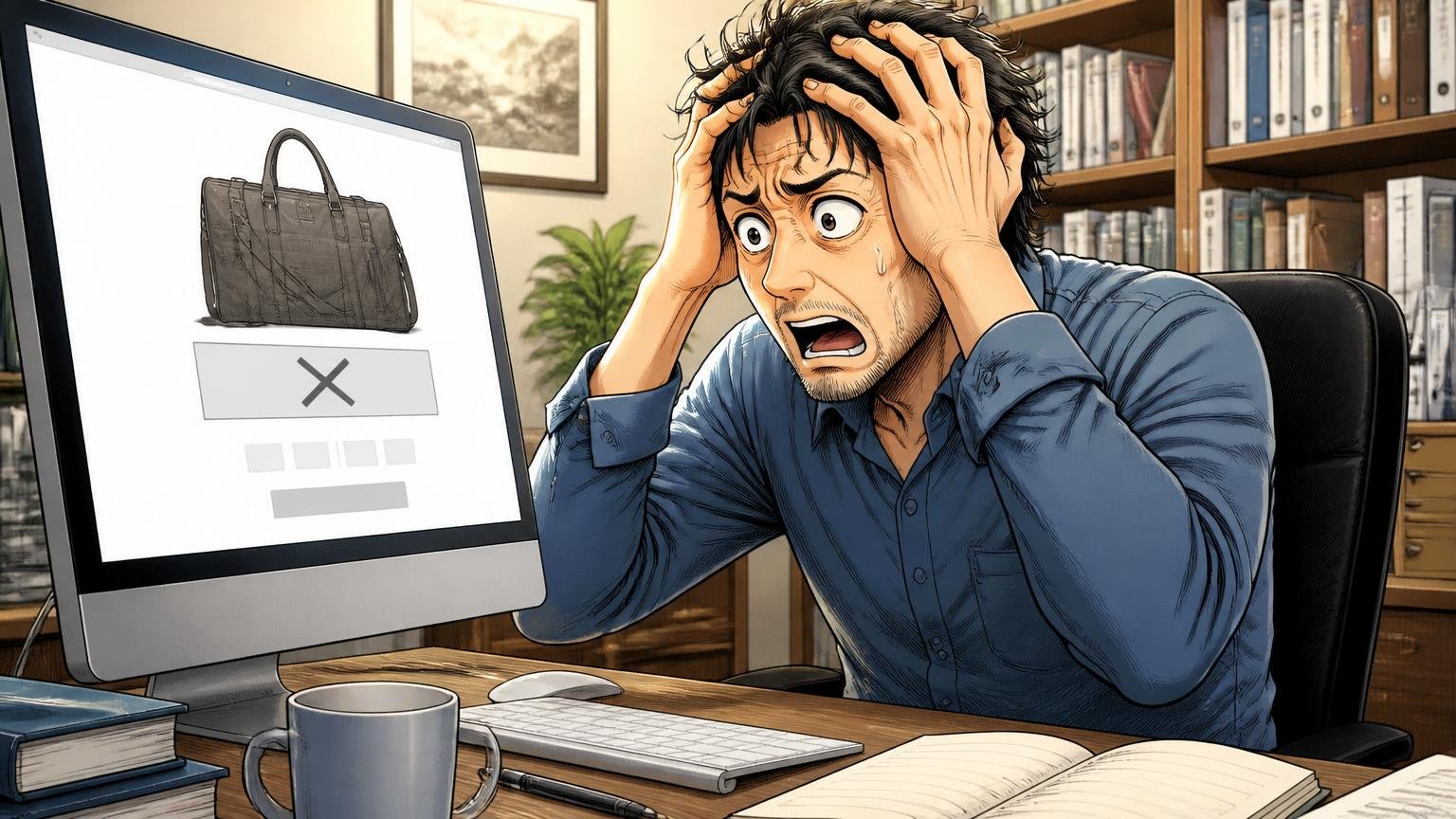 「欲しい時に買えない」｜大型バッグは年に一度あるかどうかの生産。自宅の書斎で在庫切れの画面を前に頭を抱える40代男性1人の場面