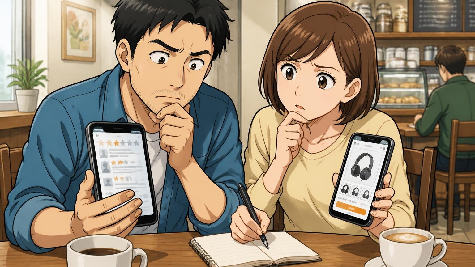 公式サイトのレビューは「モデル名」を見て割り引いて読む カフェの席でスマホのレビュー画面と商品ページを見比べ、首をかしげながらメモを取る夫婦2人