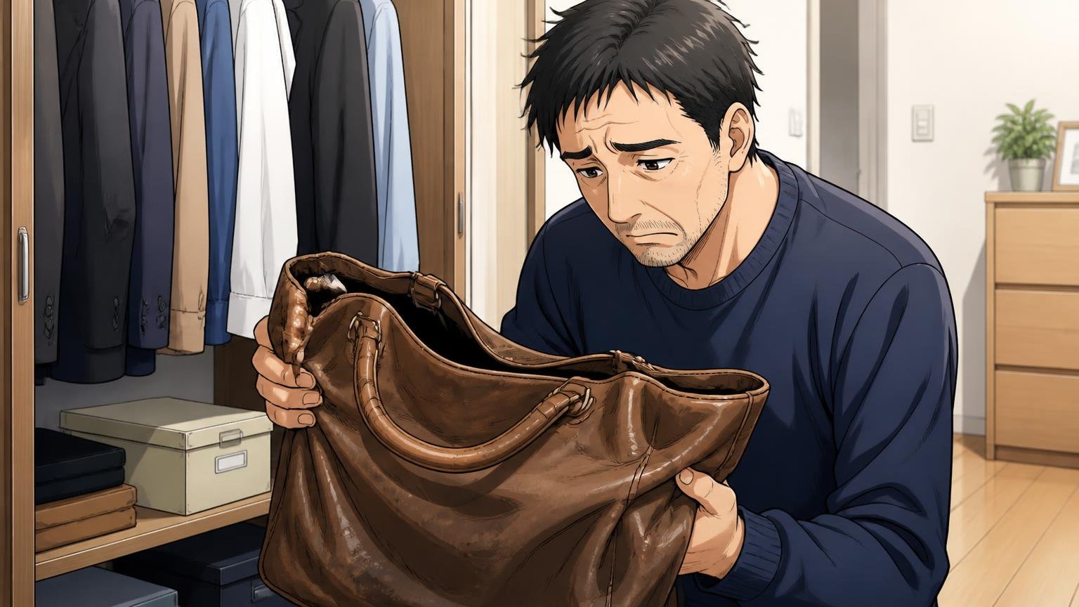 買った日は立っていたのに、だんだん折れていく理由、自宅のクローゼットの前で型崩れした革のバッグを手に取り、40代の男性が肩を落とす場面