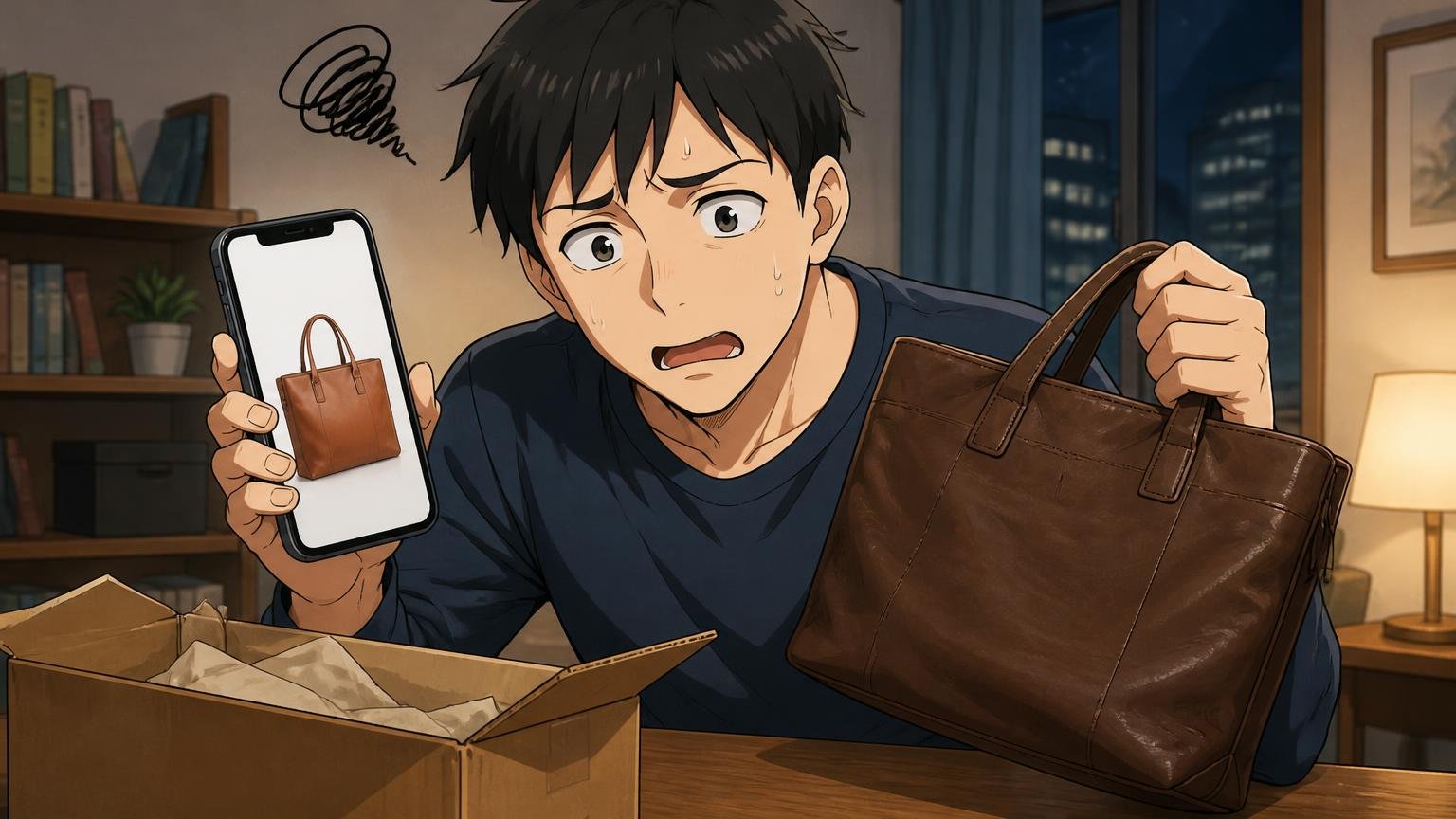 公式通販は「イメージと違った」を理由に返品できない、夜の自宅でスマホの商品写真と届いた革バッグを見比べて悩む男性1人の場面