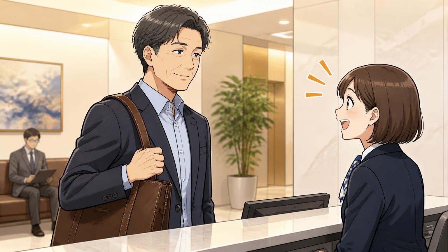 「主張しすぎず悪目立ちしない」大人のデザインを評価する声　取引先の受付で40代男性がさりげなく革バッグを持ち、受付係が好印象を示す場面