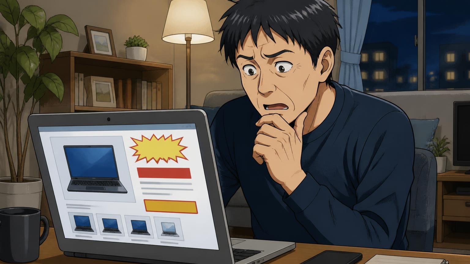 安さだけで購入先を選ぶと、保証も修理も受けられない 夜のリビングでパソコンの格安通販サイトを見て手を止める40代男性1人