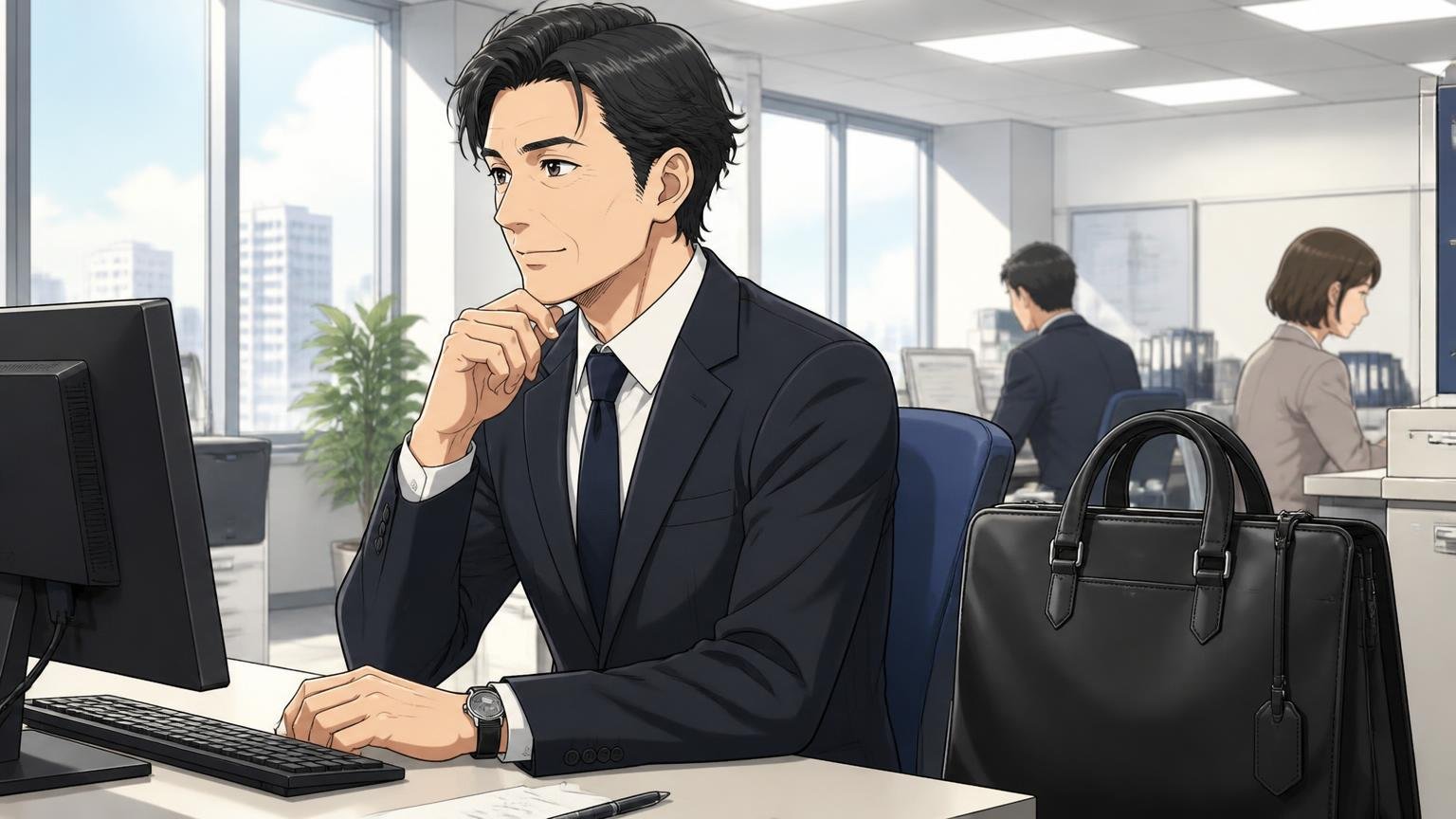 Moon less night(日本製牛革):シンプルで仕事にも合わせやすい オフィスのデスク脇に黒い牛革のビジネスバッグを置くスーツ姿の40代男性1人