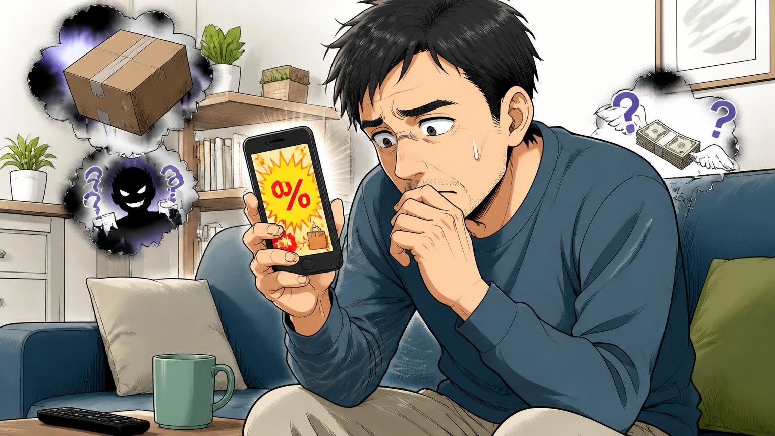 安いからと正規ルート以外で買ってしまう。自宅のソファでスマホに表示された極端な値引き広告を見つめ、指を止めて迷う40代男性1人