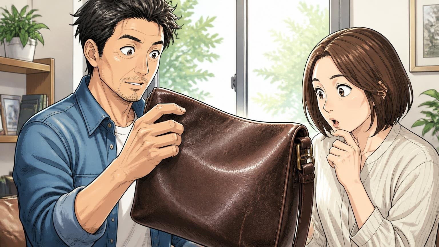 馬革の傷や個体差を「味」と取れるかで評価が変わる 明るい窓辺で届いた馬革バッグの表面を光にかざす場面 40代男性1人と30代女性1人が傷を見つけて顔を見合わせる