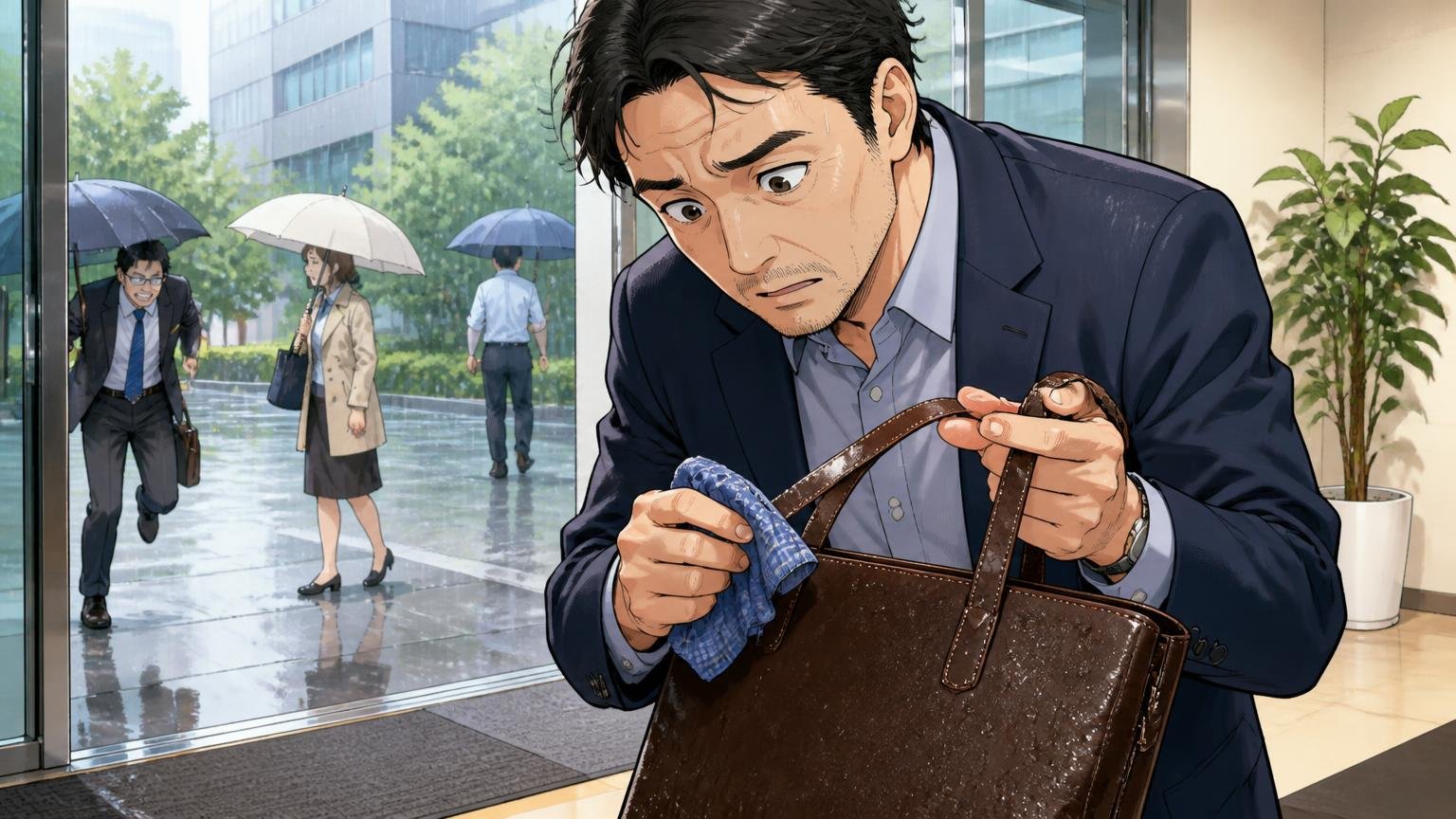 「雨で色落ち」は商品ページに先に書いてある注意点 雨の日のオフィスの入口で濡れた革のトートの持ち手をハンカチで拭く40代男性1人が心配そうにのぞき込む場面