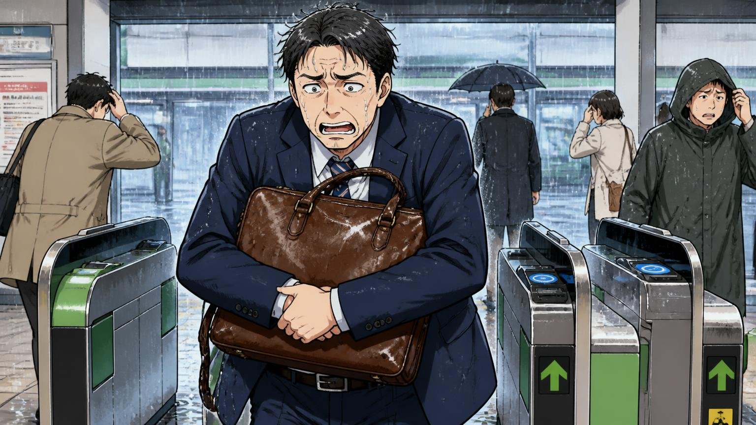 使い方|A4ビジネス向けは約1〜1.7kg、雨の日は公式も使用を控えるよう案内、雨の駅の改札前で重い革のビジネスバッグを抱えて困る40代男性1人の場面