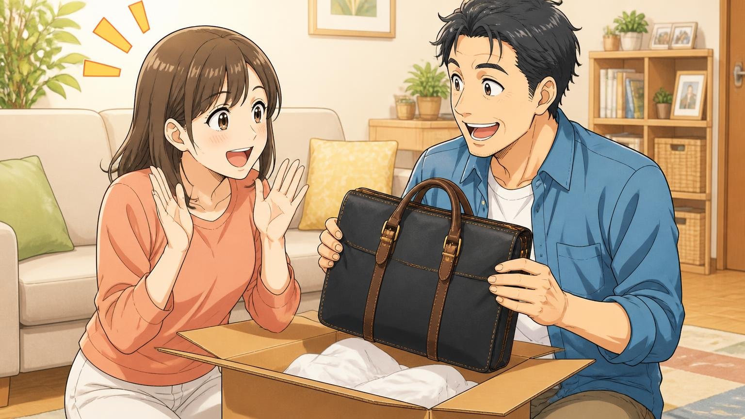 発送の早さとアフター対応への評価、自宅のリビングで、届いた鞄の箱を開けた30代女性と40代男性の2人が笑顔で顔を見合わせる場面