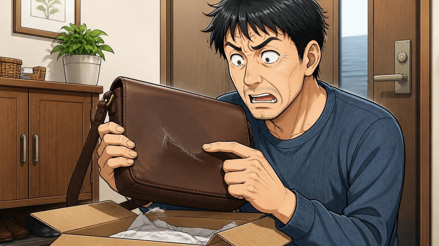 「新品なのに傷があった」個体差・色のイメージ違いの声 自宅の玄関で届いた箱から革のショルダーバッグを取り出す40代男性1人が傷を見つけて固まる場面