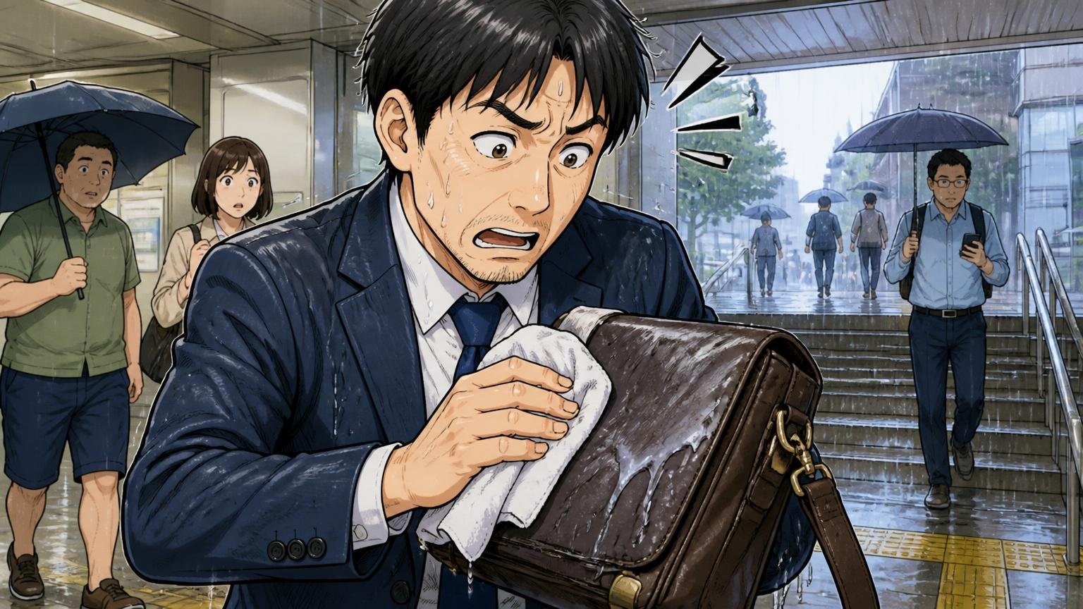 ブライドルは雨に弱く、最初は白い粉が服につく 雨の日の駅の出口で濡れた革バッグをハンカチで拭く場面 40代男性1人が慌てた表情